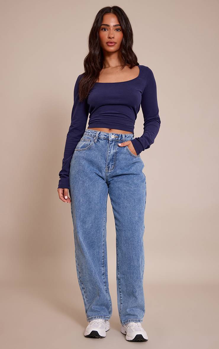 Mid Blue Wash Prettylittlething Petite Jean Boyfriend Taille Haute