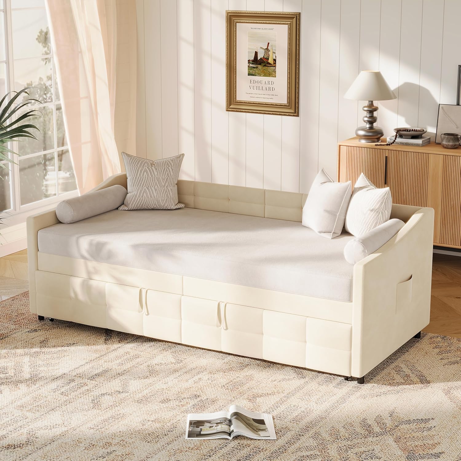 Ausziehbares Schlafsofa aus Samt mit Seitentaschen, modernes 2-Sitzer-Sofa, Space Saving (Crema, 90/180 x 200 cm)