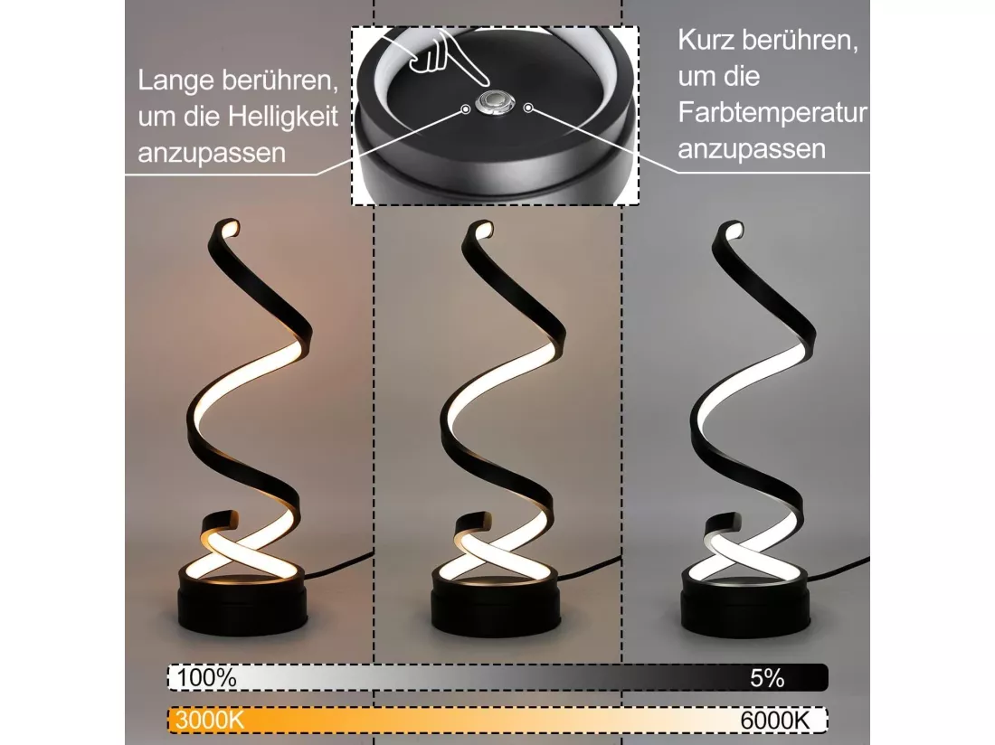 NETTLIFE lampe de chevet tactile lampe de table LED dimmable 12W moderne avec 1,6M design noir