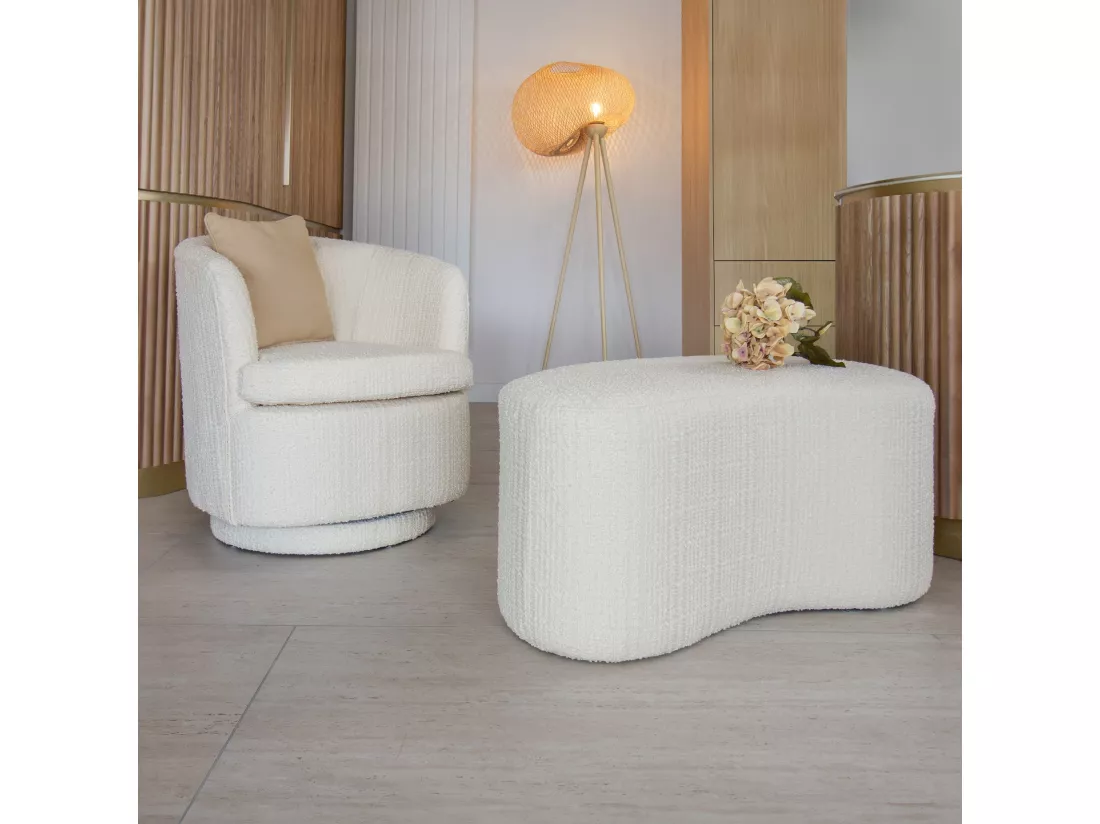 Now's Home - Banc Incurve Bouclette Ecru Sturcture Bois 101x56x47cm Malo