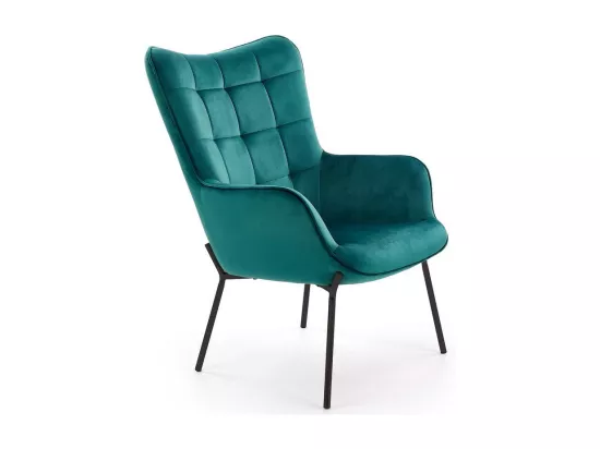 Fauteuil en velours vert foncé avec dossier matelassé et pieds noirs en acier GIPSY