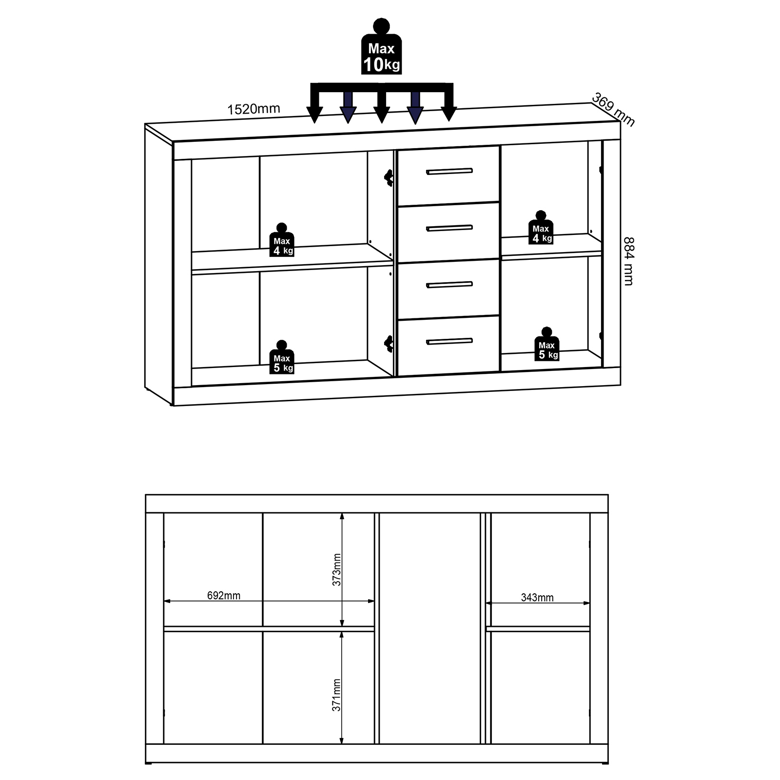 Sideboard - Sonoma Eiche - weiß - 152 cm