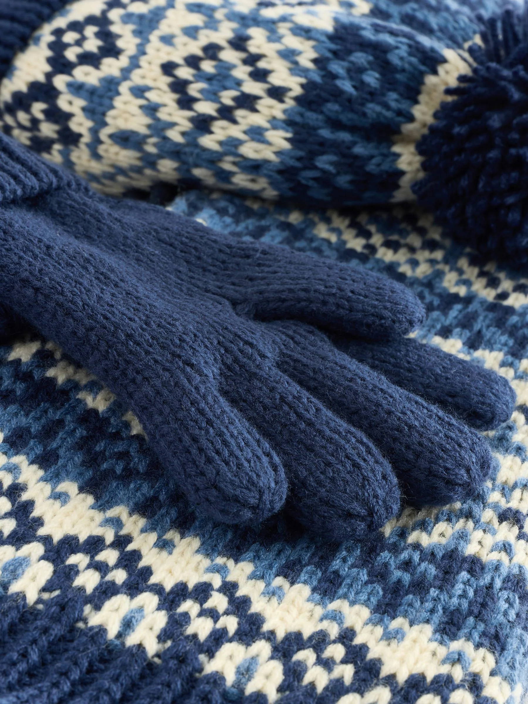 Blauw/wit fairisle - Set van 3 -delige muts, sjaal en handschoenen (3-16jr)
