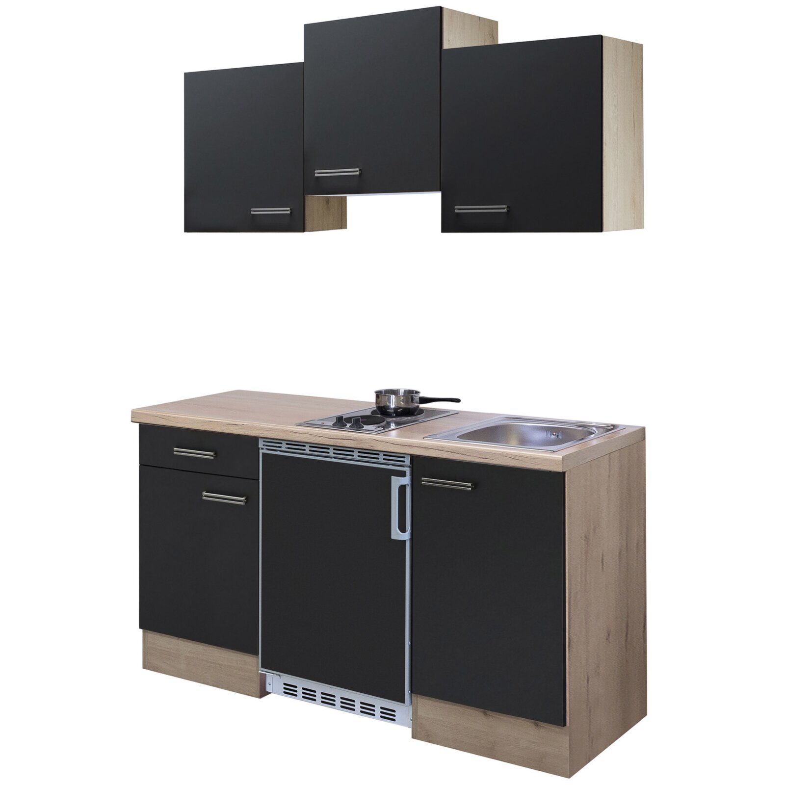 Küchenblock RISENTO - anthrazit Miniperl - San Remo Eiche hell - mit E-Geräten - 150 cm