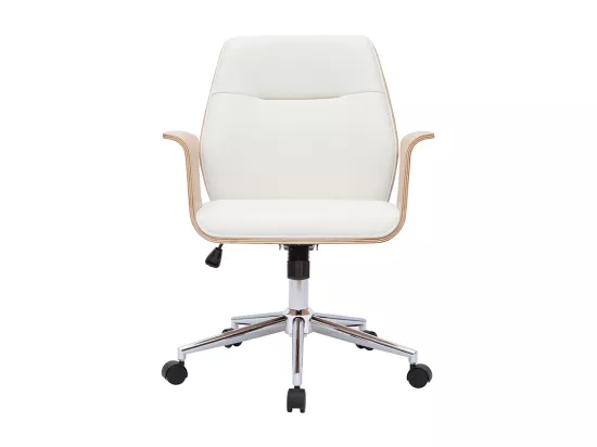 Chaise de bureau à roulettes design blanc, bois clair et acier chromé RUFIN