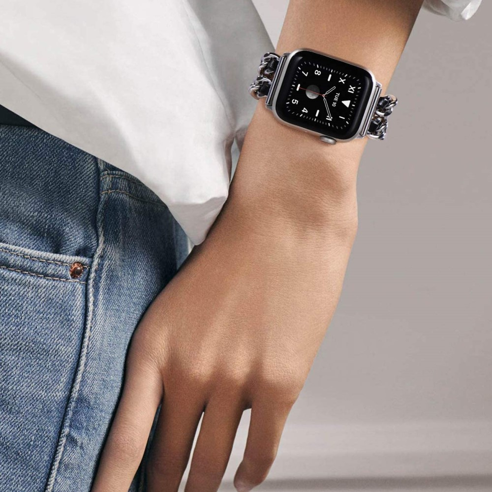 Apple Watch (49/46/45/44 mm) Edelstahl Armband mit Lederband - Silber / Schwarz