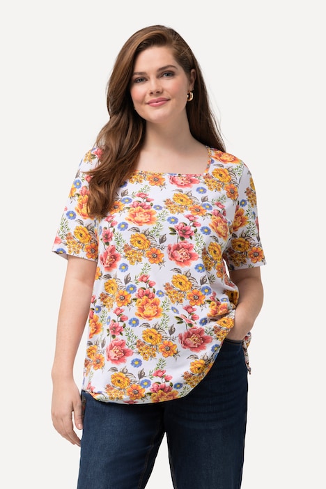 T-Shirt, Blüten, Carree-Ausschnitt, Halbarm
