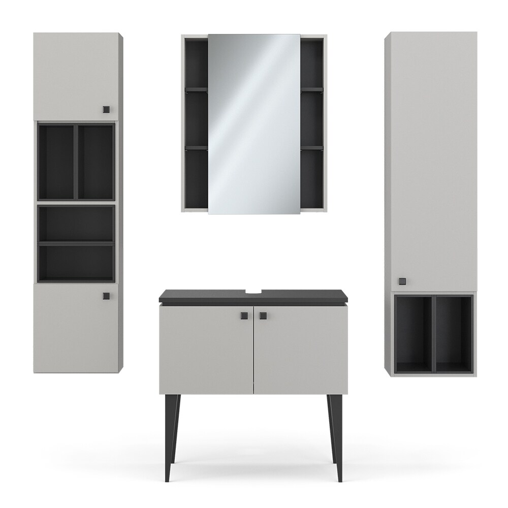Vicco Badmöbel-Set Gerta in Grau-Schwarz, Badezimmer-Set, moderne Badserie, Spiegelschrank, Waschbeckenunterschrank, Hängeschrank