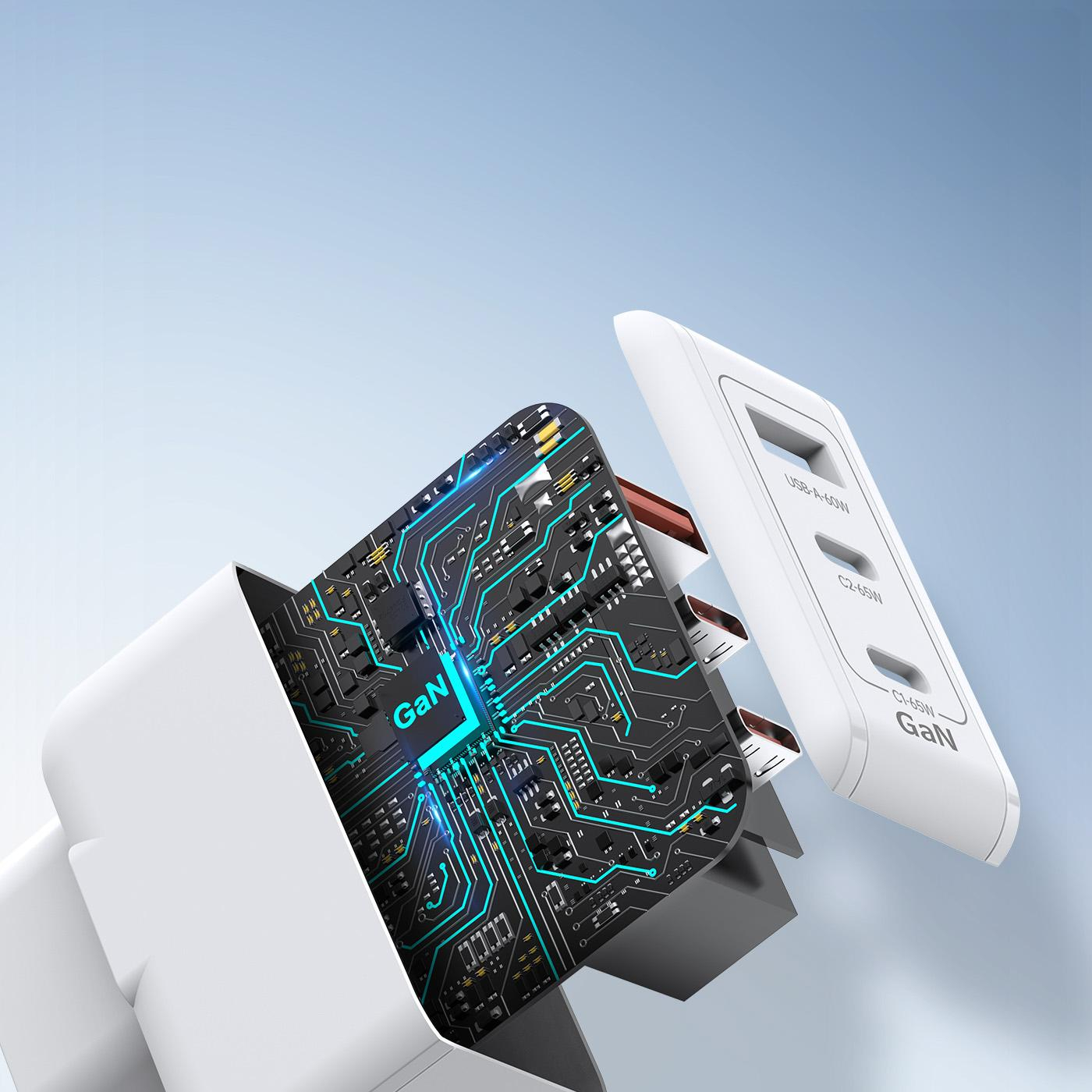 (65W) Dual USB C / USB A GaN Ladegerät Power Delivery 3.0 Netzteil - Weiss