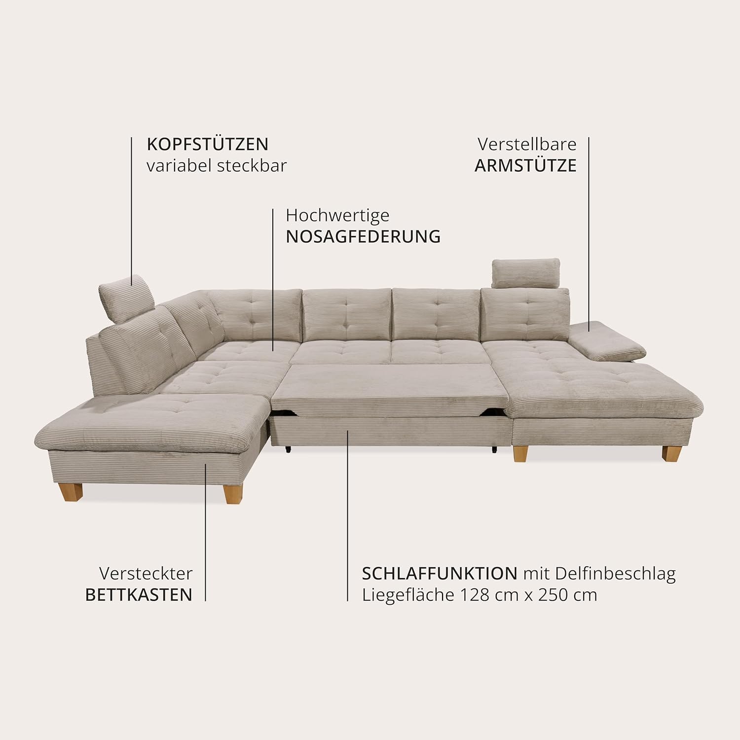 Wohnlandschaft Ascot mit Cord-Bezug und Schlaffunktion in Hellbraun, U-Form inkl. Kopfstützen, Bettkasten und Verstellbarer Armlehne - 324 x 107 x 218 cm (B/H/T)