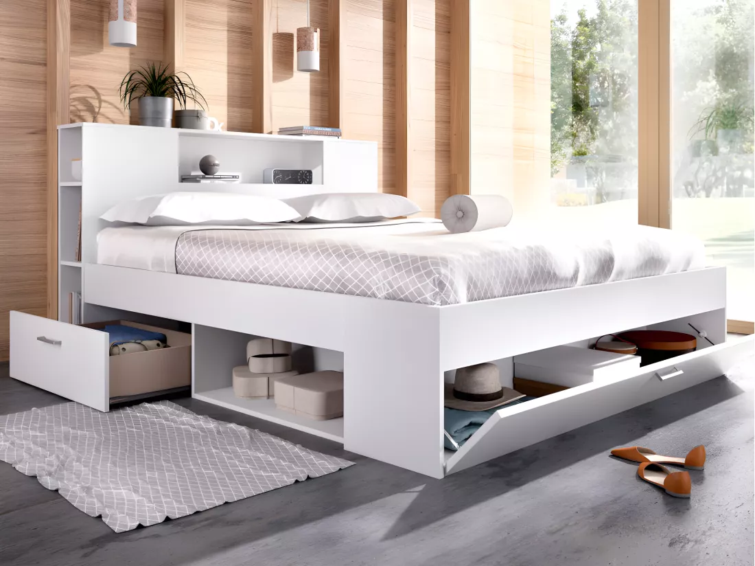 Lit avec tête de lit rangements et tiroirs - 160 x 200 cm - Coloris : Blanc + Sommier - LEANDRE