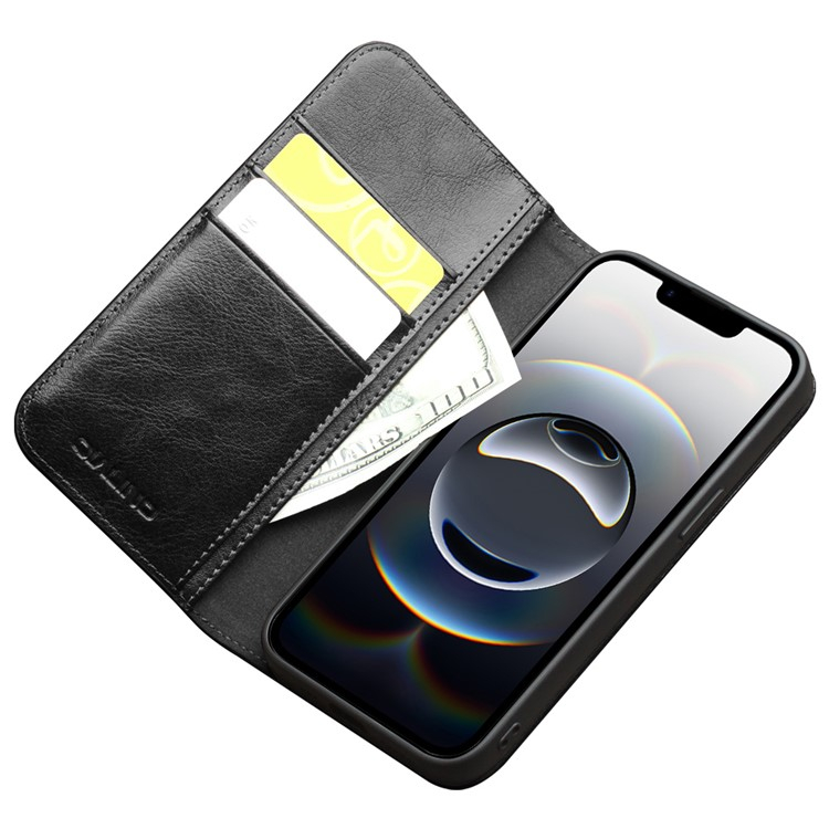 iPhone 16e Echtleder Tasche Flip Cover mit Kartenfächer - Schwarz