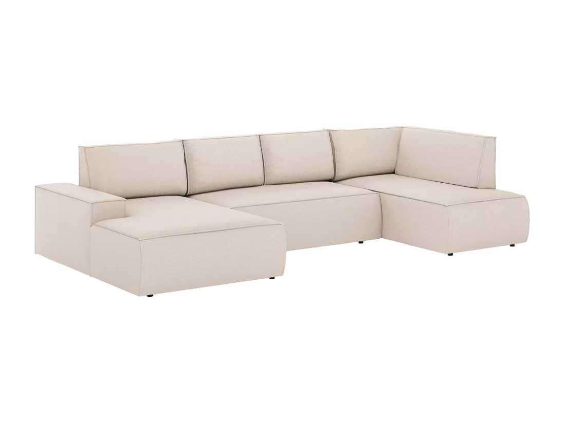 Grand canapé d'angle gauche panoramique convertible en tissu texturé beige AMELIA