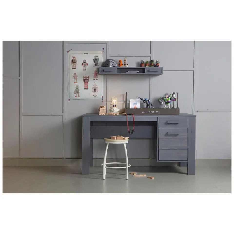 WOOOD Dennis Bureau - Grenen Geborsteld - Staal Grijs - 74x141x59