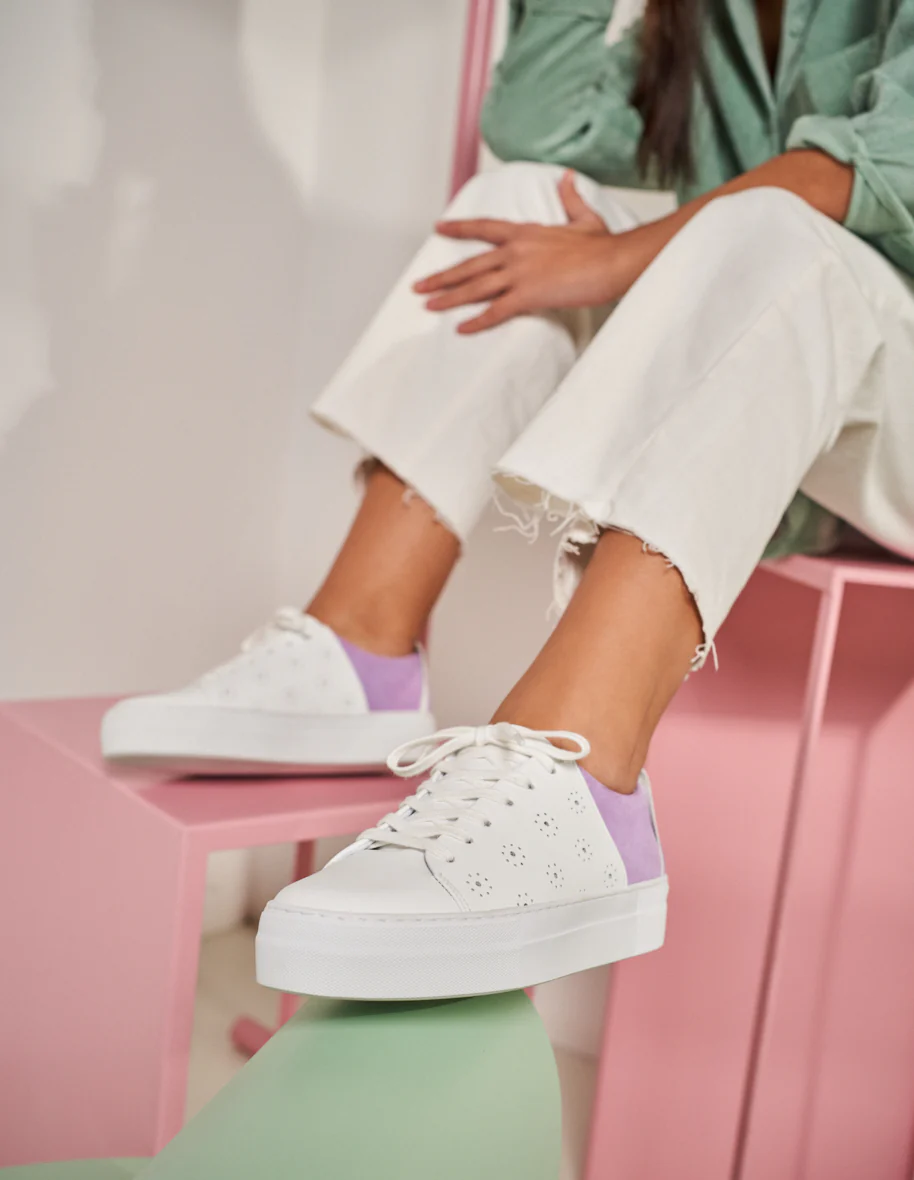 Baskets basses Renée Plateau Découpe - Cuir blanc et suède lilas