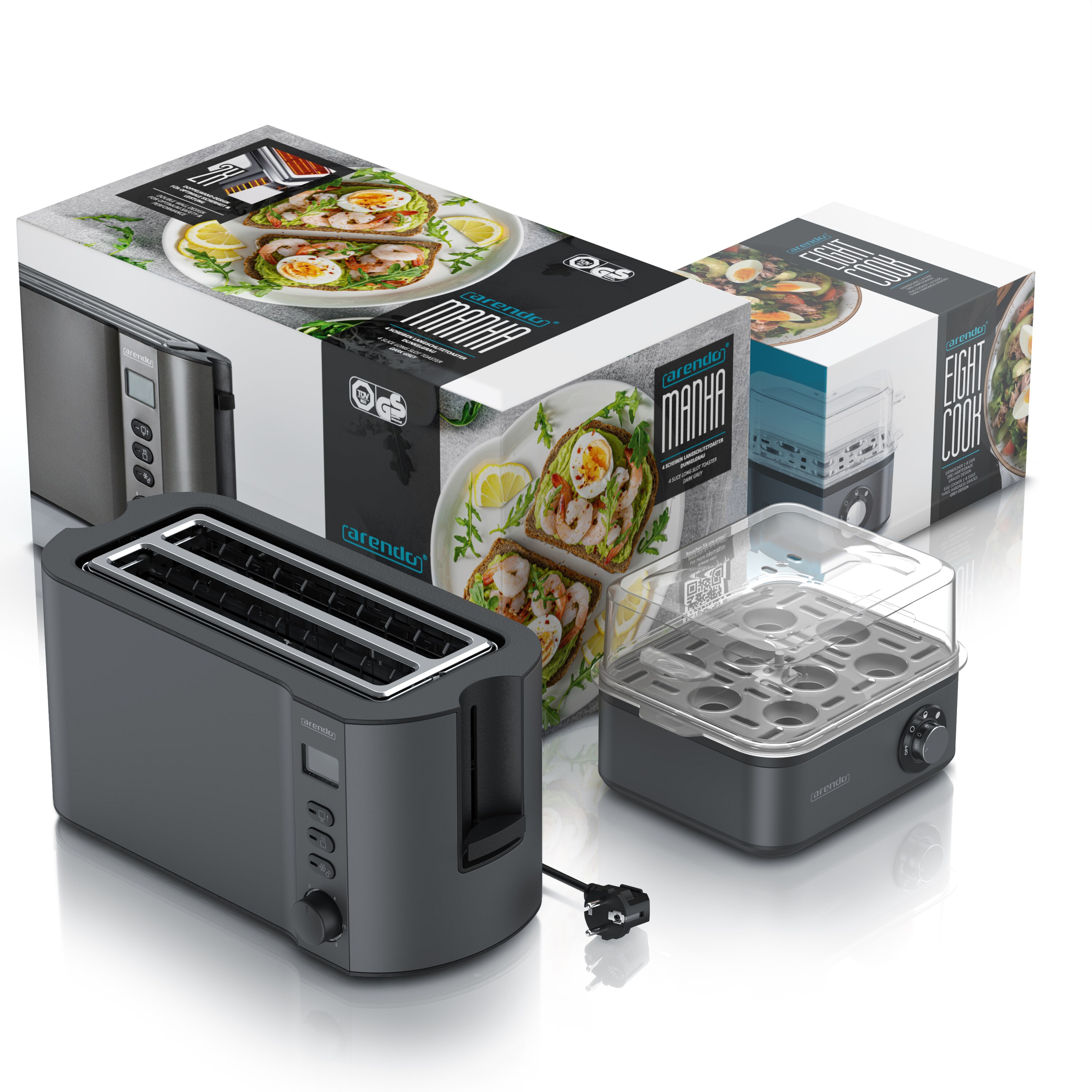 Arendo Frühstücks-Set, 8er Eierkocher + Langschlitz Toaster für 4 Scheiben, Grau