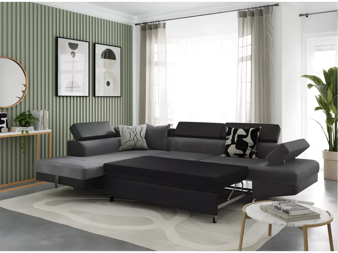 Canapé d'angle gauche 5 places Rio Convertible avec coffre en microfibre et simili - Gris/Noir - L271 x P192 x H70cm - Loungitude