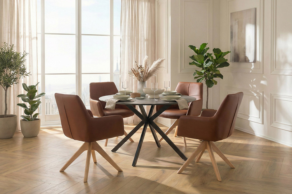 Drehbarer Stuhl ALMARA cognac braun Echtleder 360° Taschenfederkern Eiche Massivholz
