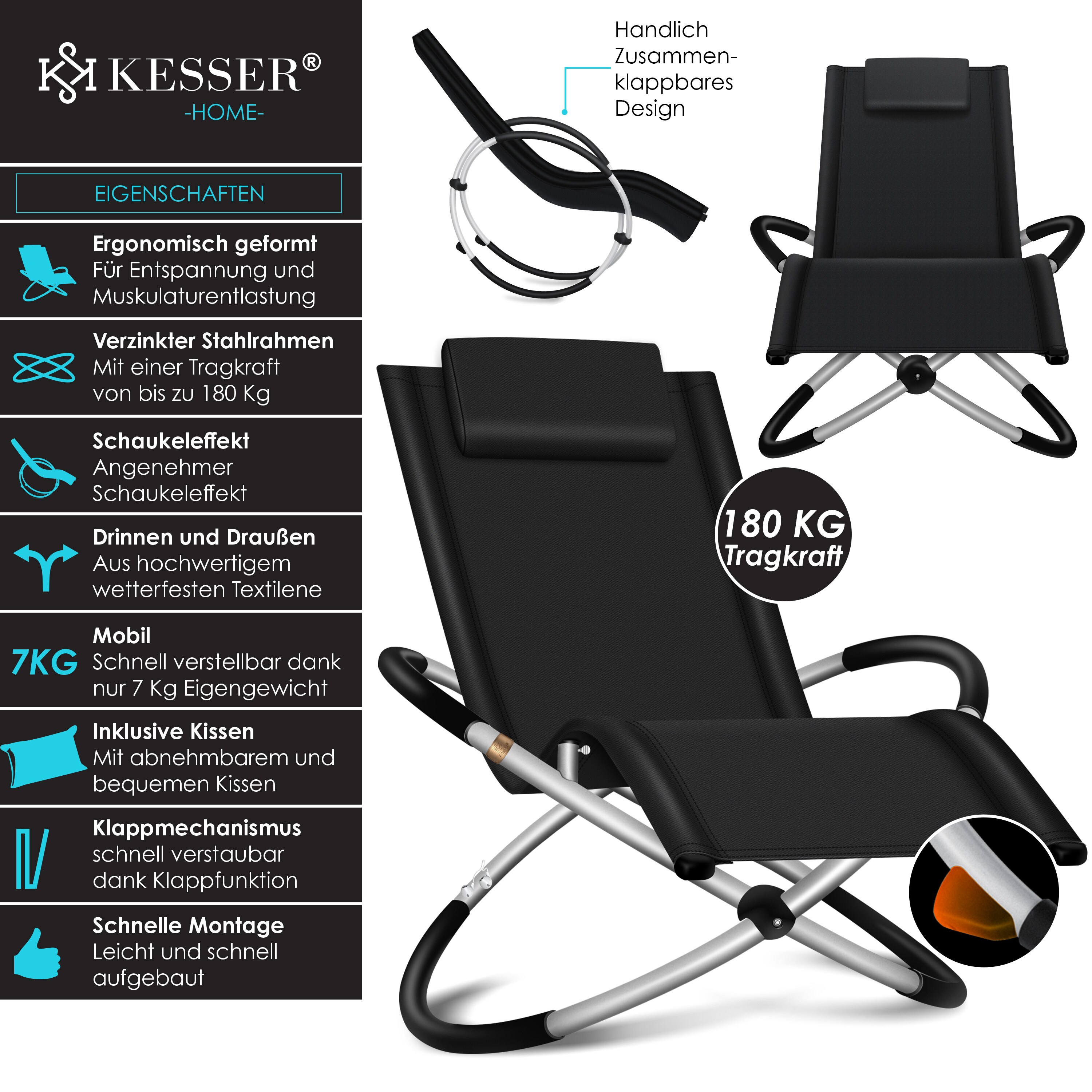 KESSER® Relaxliege Liegestuhl | Gartenliege | Gartenstuhl | Klappstuhl faltbar | Schwungliege | Schaukelsessel | ergonomische Relaxsessel | wetterfest | 180 kg Belastung | 174 x 78 x 89 cm