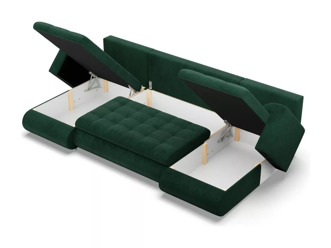 Canapé d'angle en U avec fonction sommeil, 2 méridiennes, Cord - Vert foncé