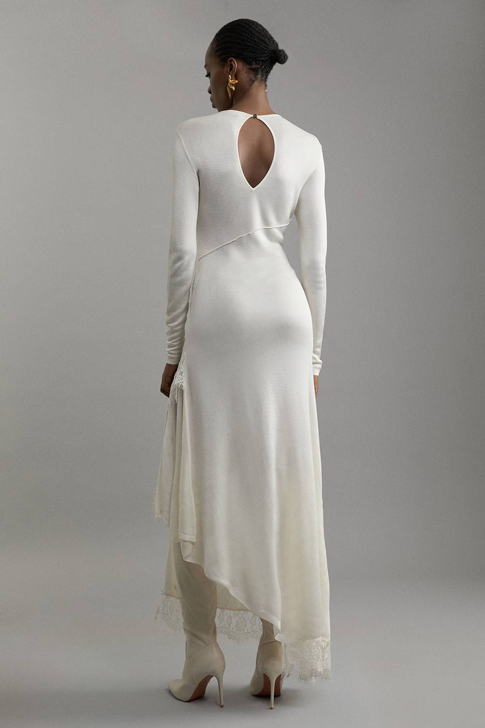 KarenMillen Robe Maxi Tricot Asymétrique à Détails de Dentelle Transparente Soyeuse Mélange Viscose Petite Taille