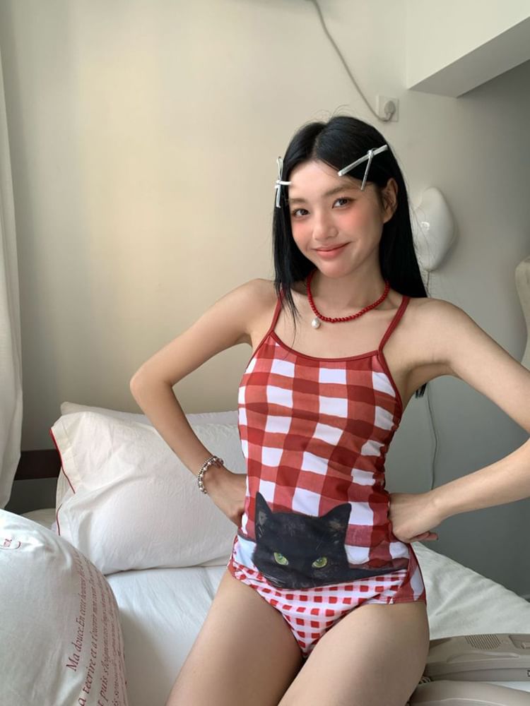 Komorkowe - Gingham Cat Print badpak