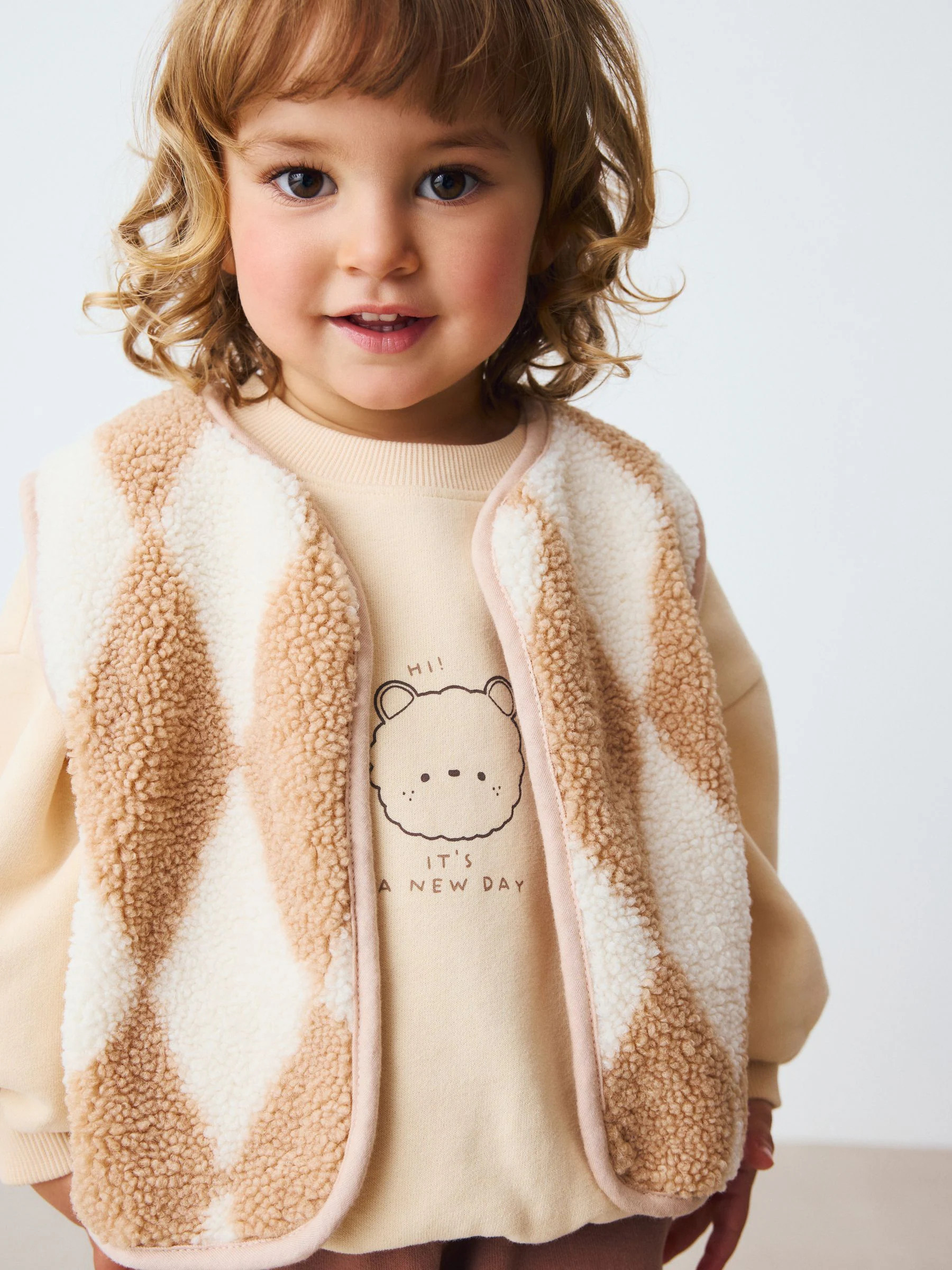 Neutral Teddy Bear - Gilet, Sweatshirt & Wide Leg Joggers 3 Piece Set (3mths-7yrs)