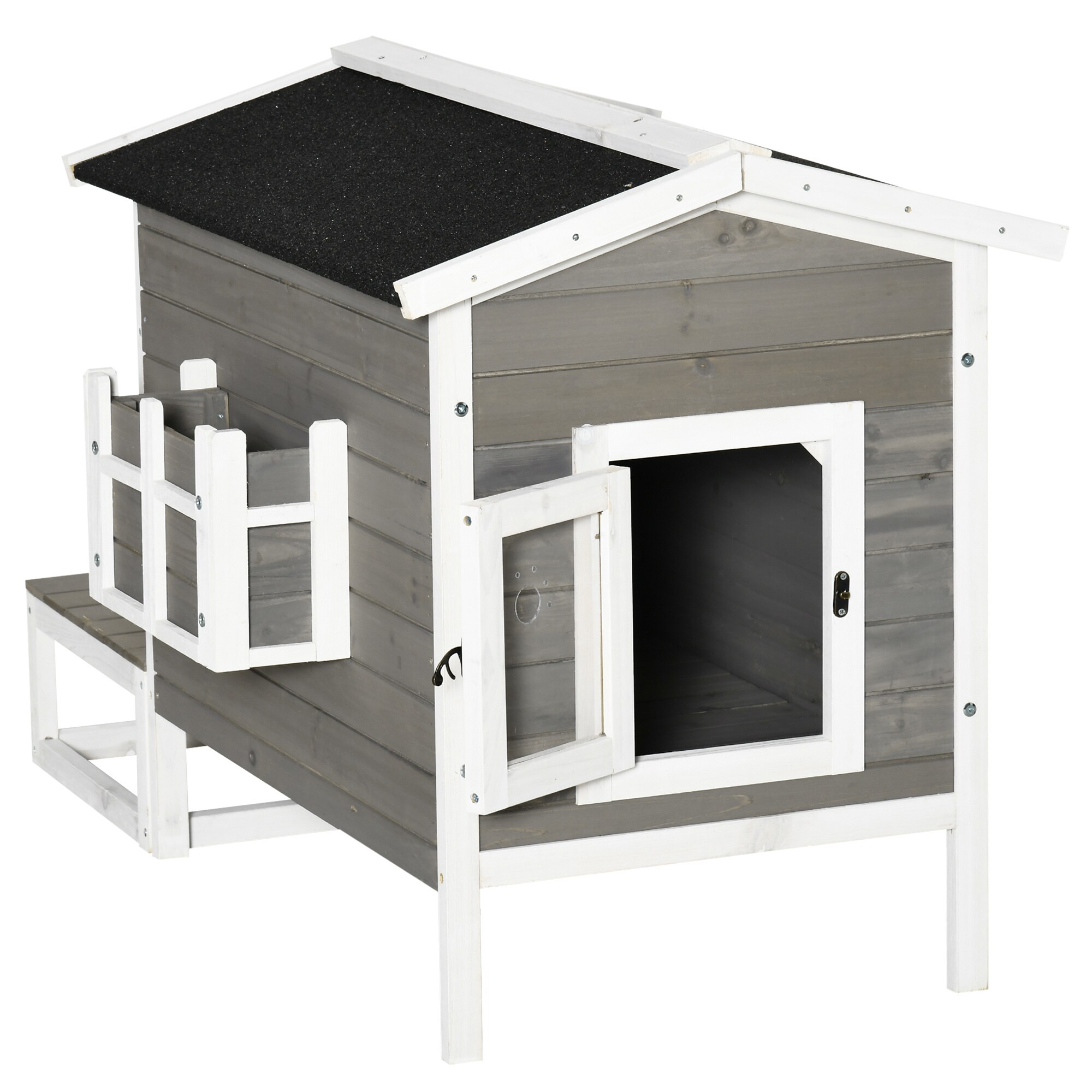 PawHut Katzenhaus mit Terrasse und Balkon grau, weiß 115 x 66,5 x 74,7 cm (LxBxH)