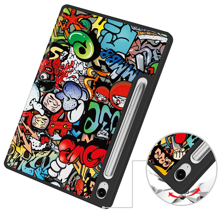 Samsung Galaxy Tab S10 Lite / S10 FE / Tab S9 FE / S9 Leder Tasche Smart Cover Schutzhülle   S-Pen Halterung - Graffiti