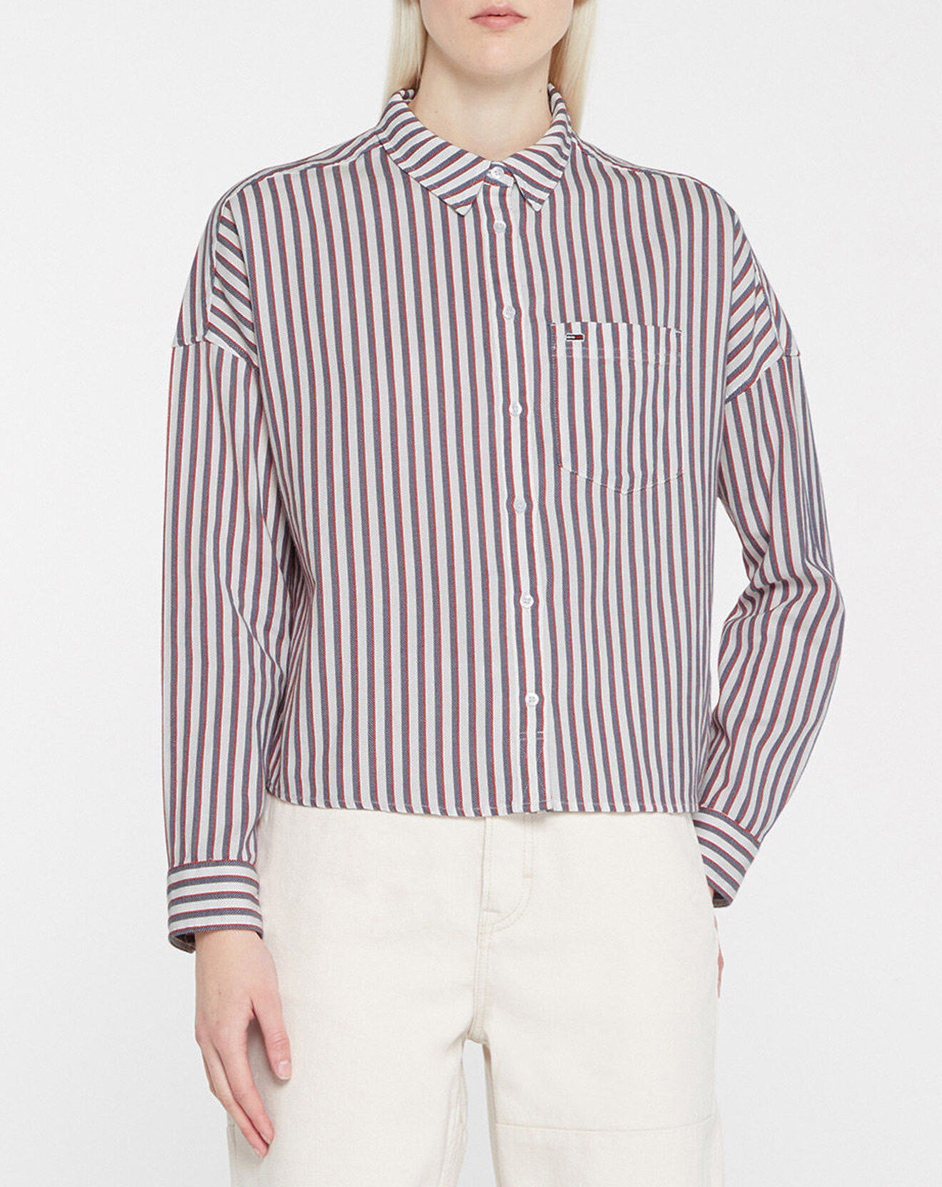 Tommy Jeans Chemise Regular 100% Coton Bio Boxy à rayures blanc/bleu/rouge