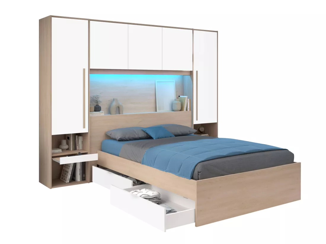 Lit pont 140 x 190 cm avec rangements - Avec LEDs - Coloris : Naturel et blanc brillant - VELONA