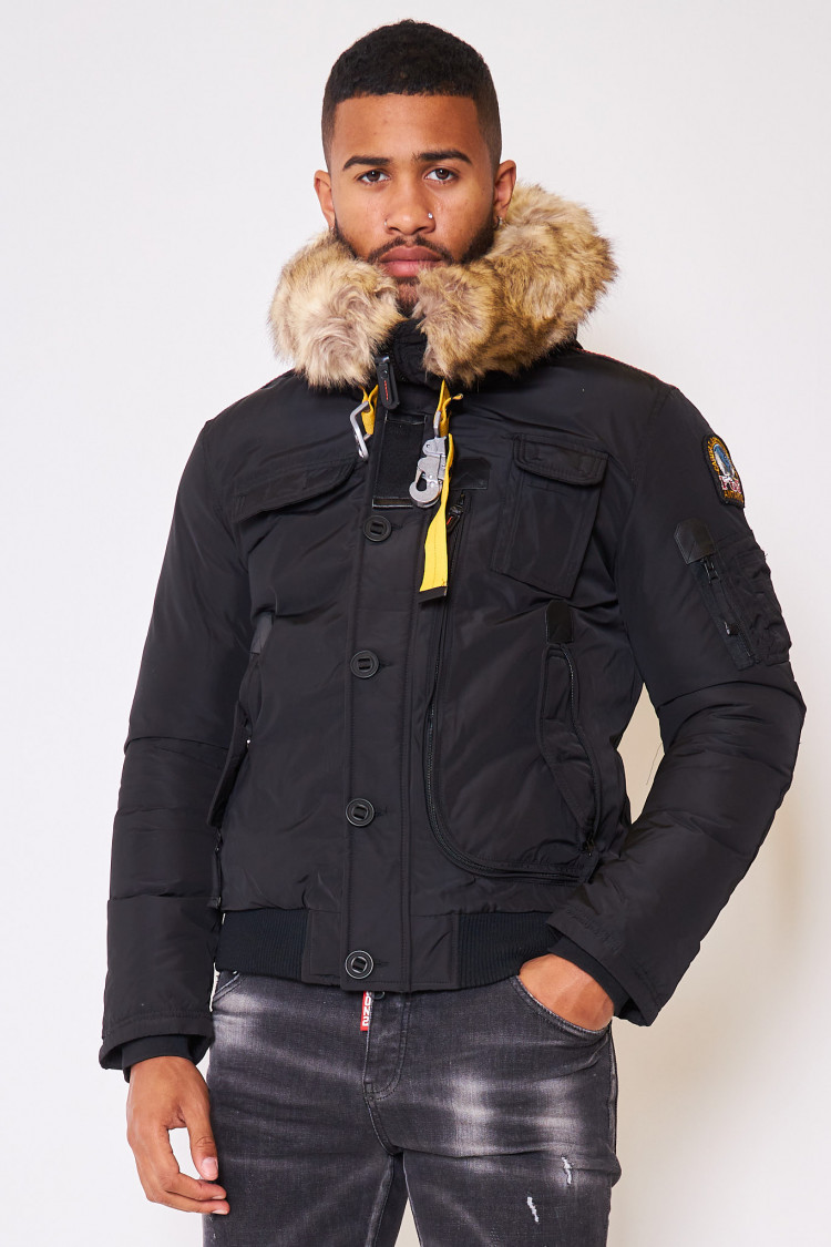 Parka courte noire multi-poches à capuche à fourrure