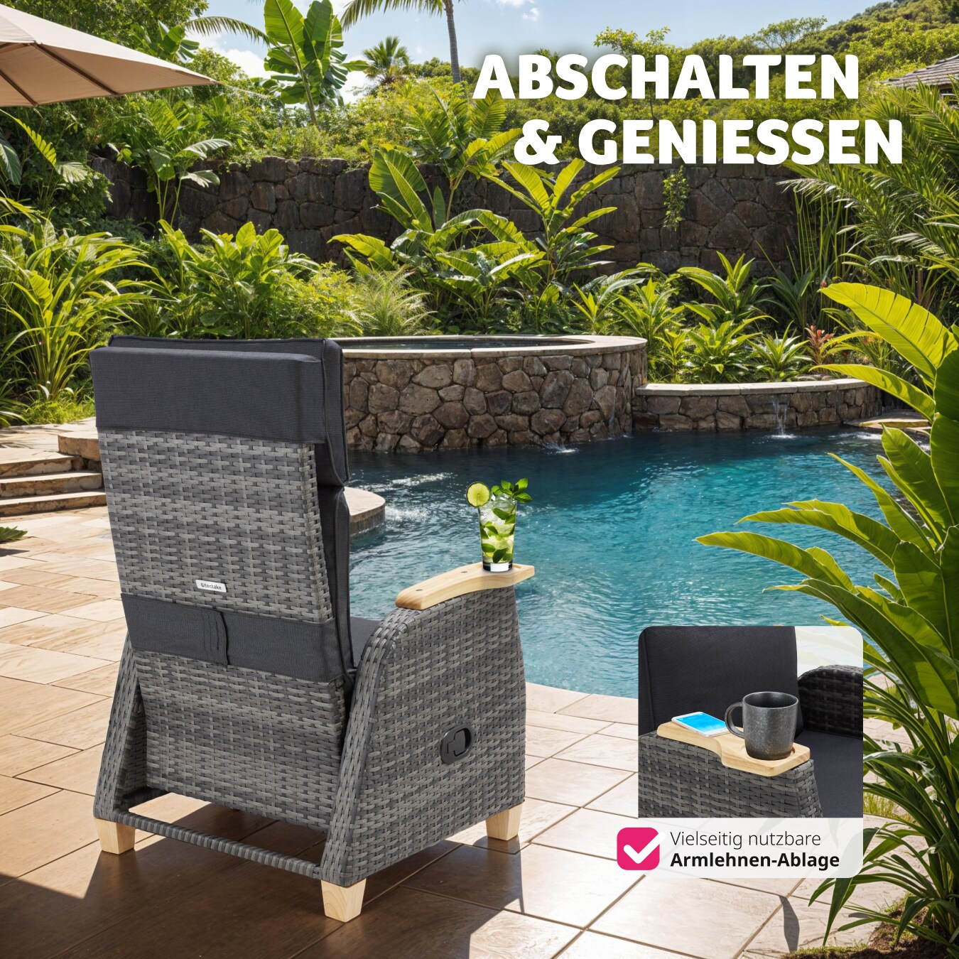tectake® Rattansessel, mit Aluminiumgestell, verstellbare Rückenlehne und Fußablage, dicke Polsterung, 68,5 x 67 - 128 x 87 - 104 cm