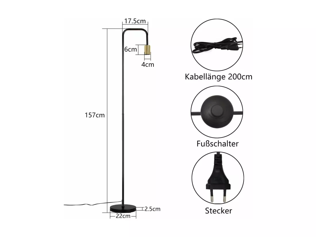 NETTLIFE Lampadaire Salon Vintage Lampadaire noir or avec interrupteur à pied Métal industriel Lampadaire design Lampe de salon(sans ampoules)
