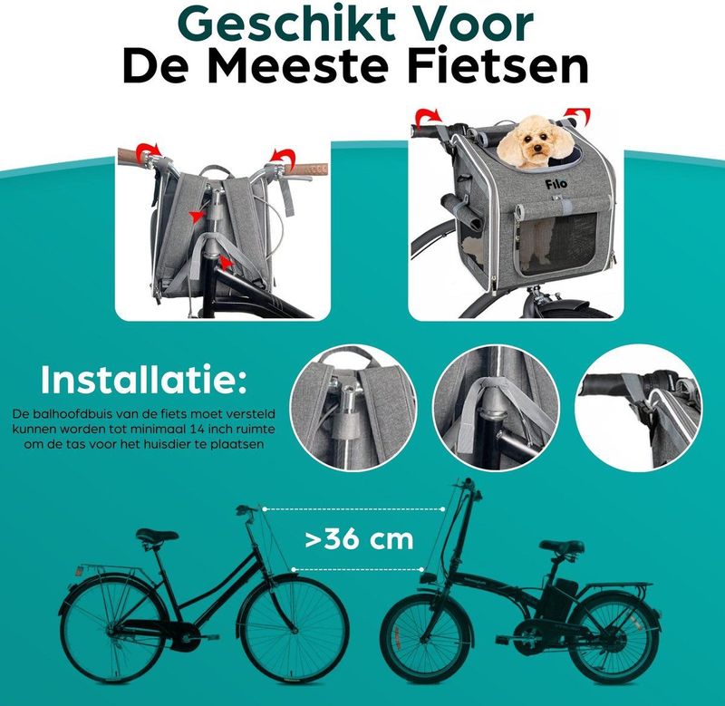Filo - Hondenfietsmand - Grijs - Extra Stevig - Afneembare Fietsmand Voorop
