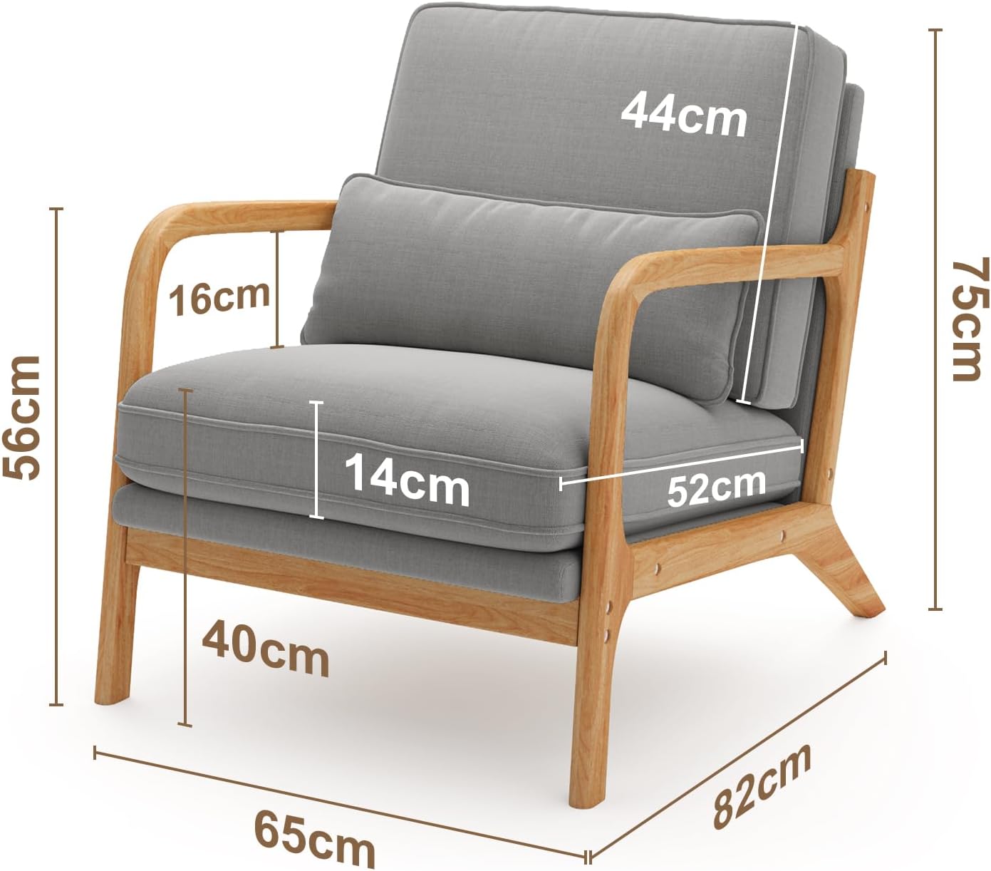 Lounge-Sessel, Lounge-Stuhl mit Armlehnen&Holzrahmen, Moderner Polstersessel für Wohnzimmer, Schlafzimmer, Leseecke, Büro (82 x 65 x 75 cm, Grau)