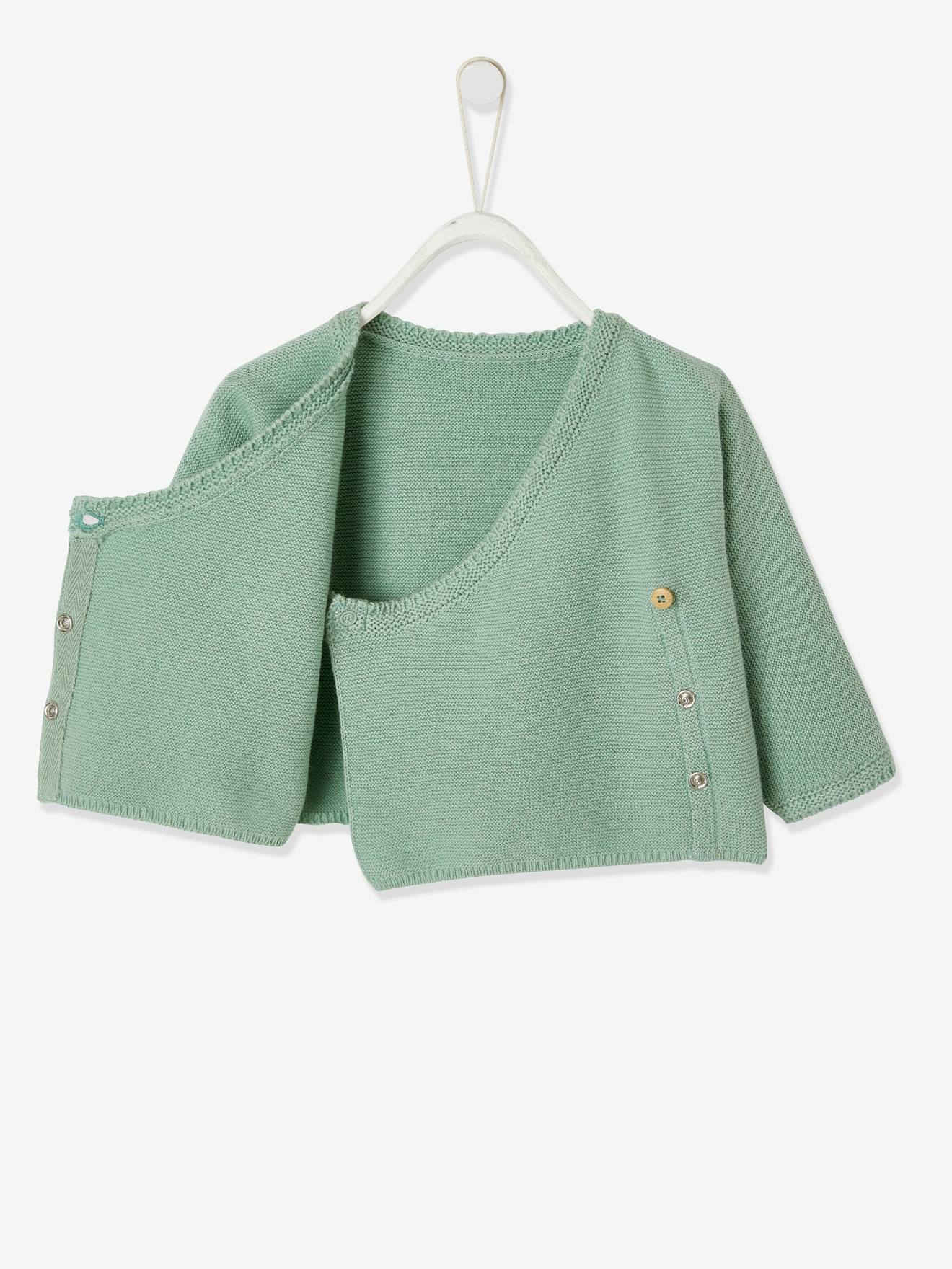 Casaco para bebê em algodão e lã verde-água.