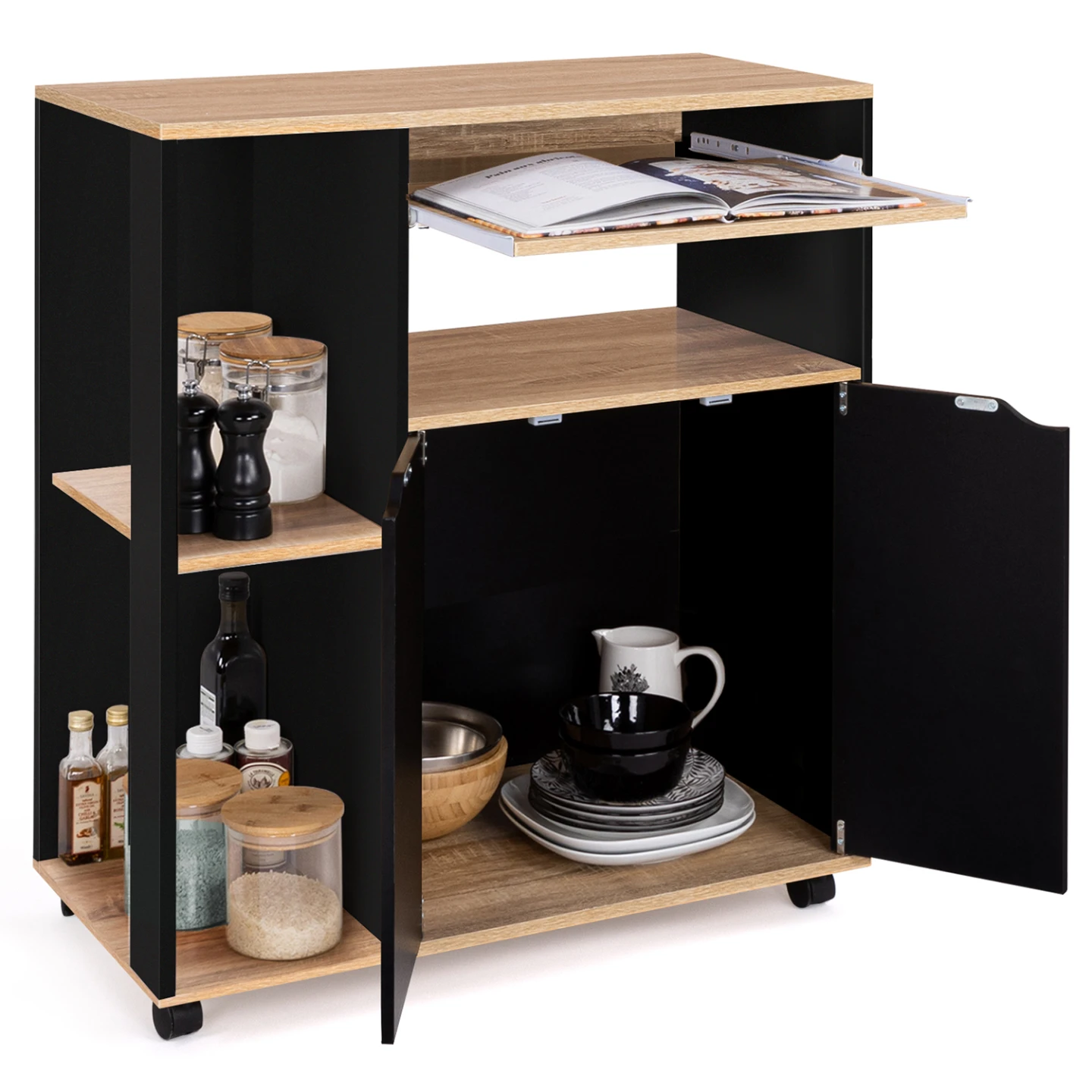 Desserte de cuisine COSI bois noir et plateaux façon hêtre L.76 CM
