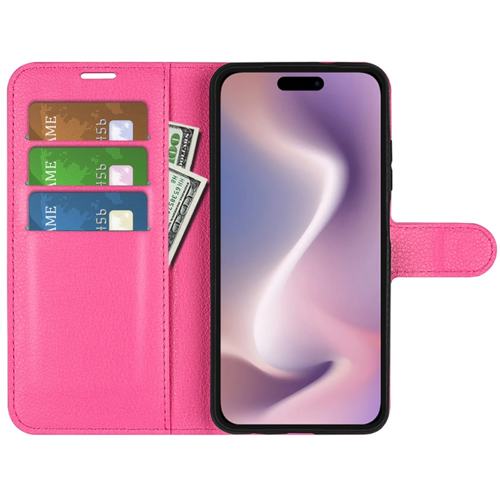 iPhone 16 Pro Leder Tasche Flip Cover Litchi Look - Pink
