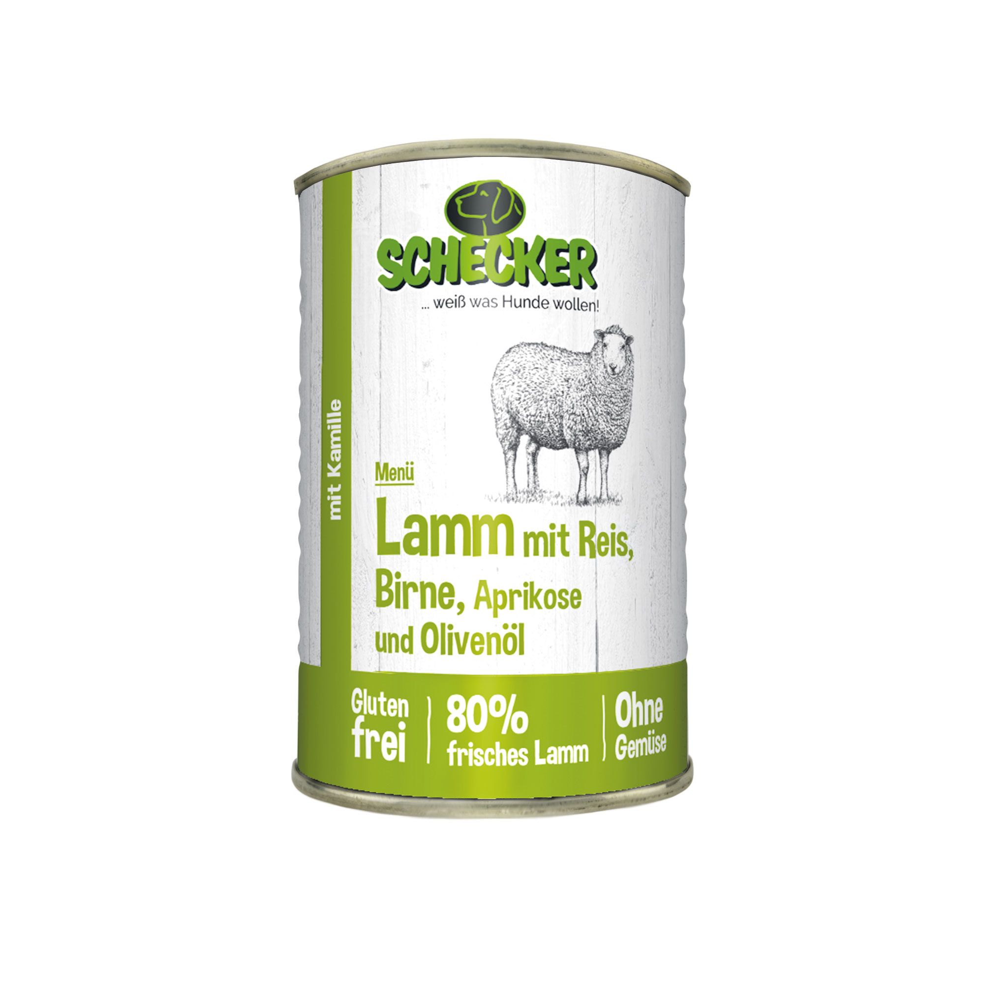 Schecker Hundemenü  mit Lamm mit Reis Birne Aprikose und Olivenöl