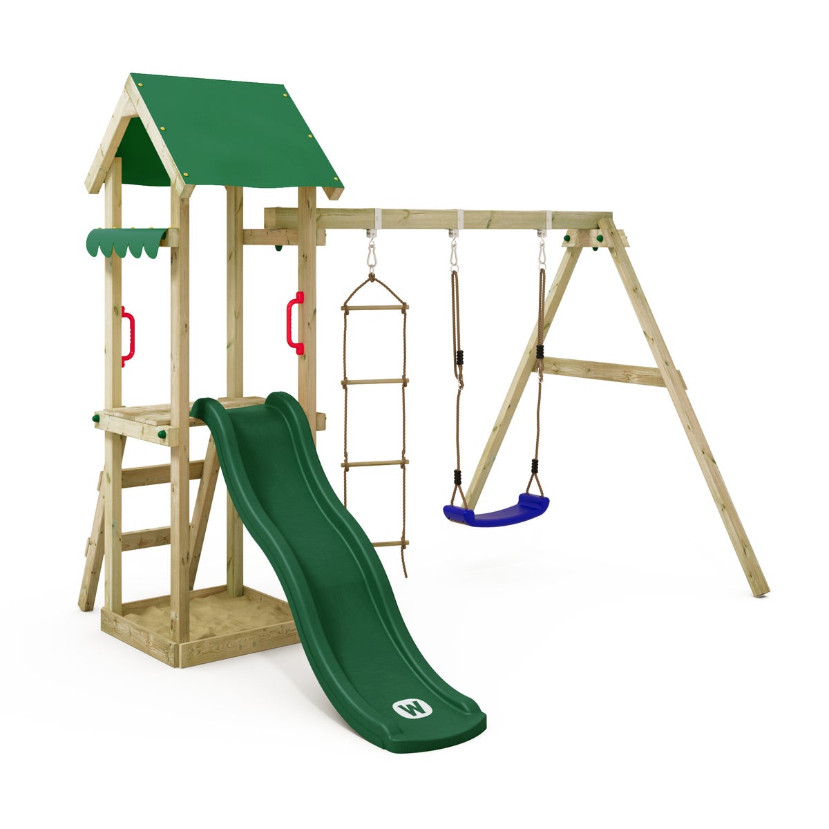 WICKEY TinyCabin Speeltoren Klimrek met Schommel en Glijbaan, Klimtoren met Zandbak, Ladder en Speelaccessoires - Groen