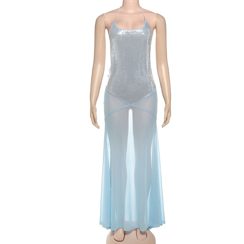 Weaveal - Halter Sequin Panel Mesh Maxi Sheath Dress
