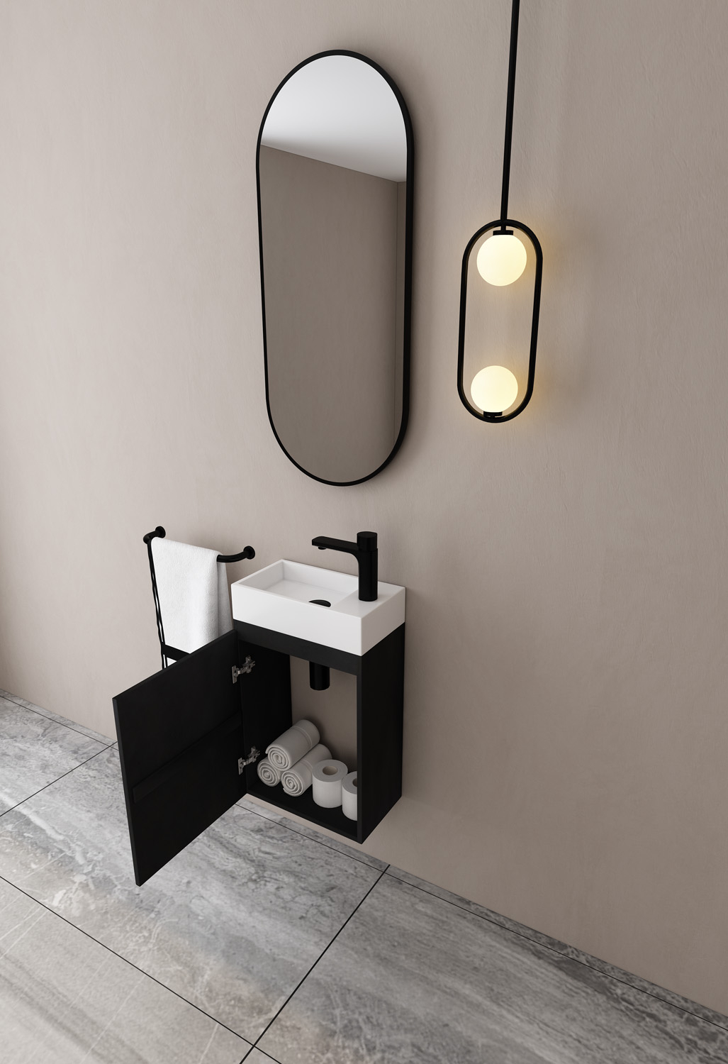 MD Interior Eden toiletmeubel zwart mangohout links met solid surface fontein rechts