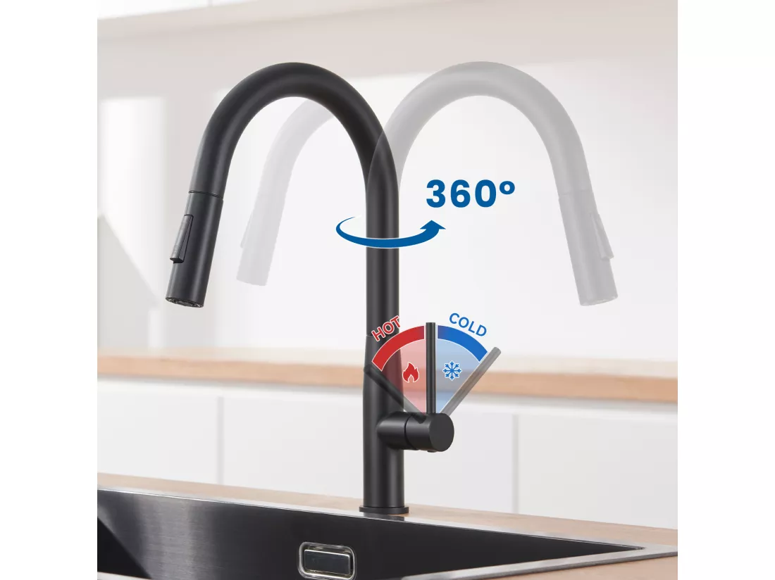 Robinet Cuisine Douchette,Mitigeur Cuisine avec Douchette, Robinetterie Cuisine avec Douchette Extractible Rotatif 360° Eau Froide/Chaude,Noir