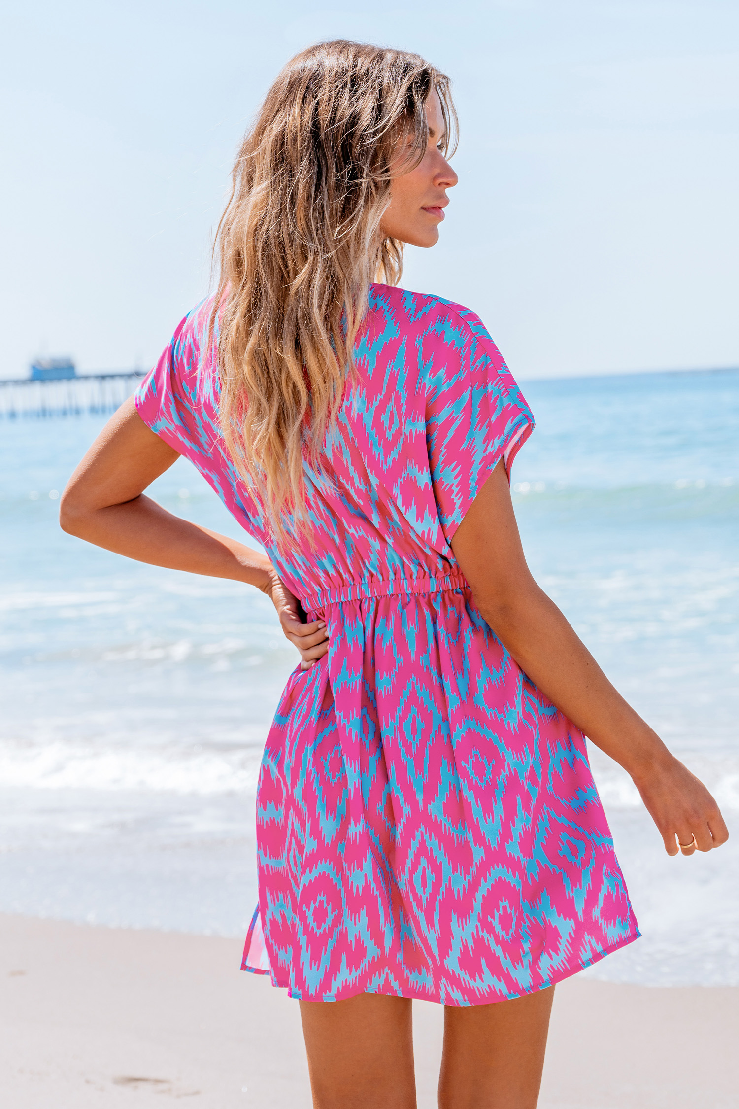 Robe mini à col en V et manches dolman rose