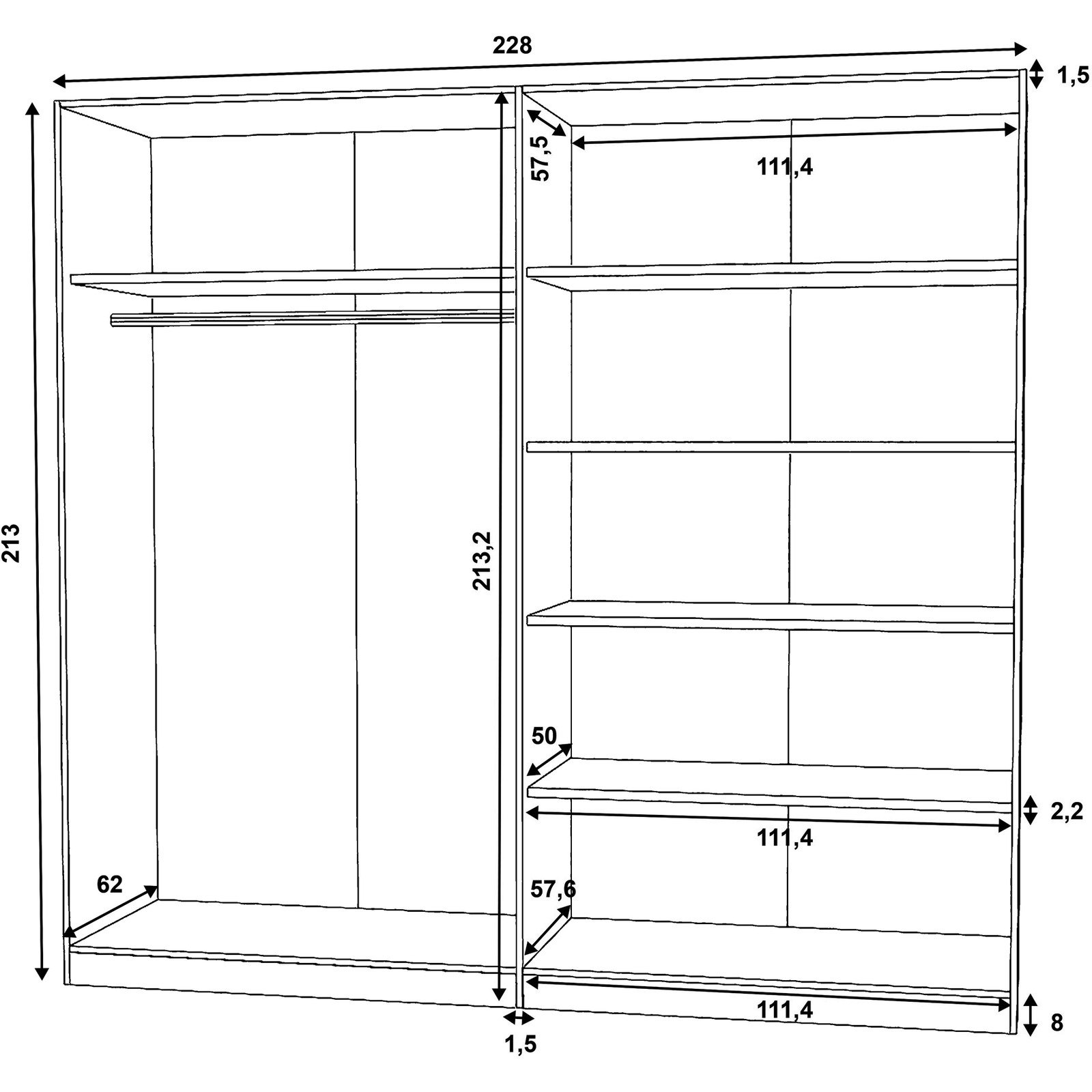 Drehtürenschrank Cano Melamin Dekor 228 x 213 x 62 cm, mit Spiegel artisan/weiss