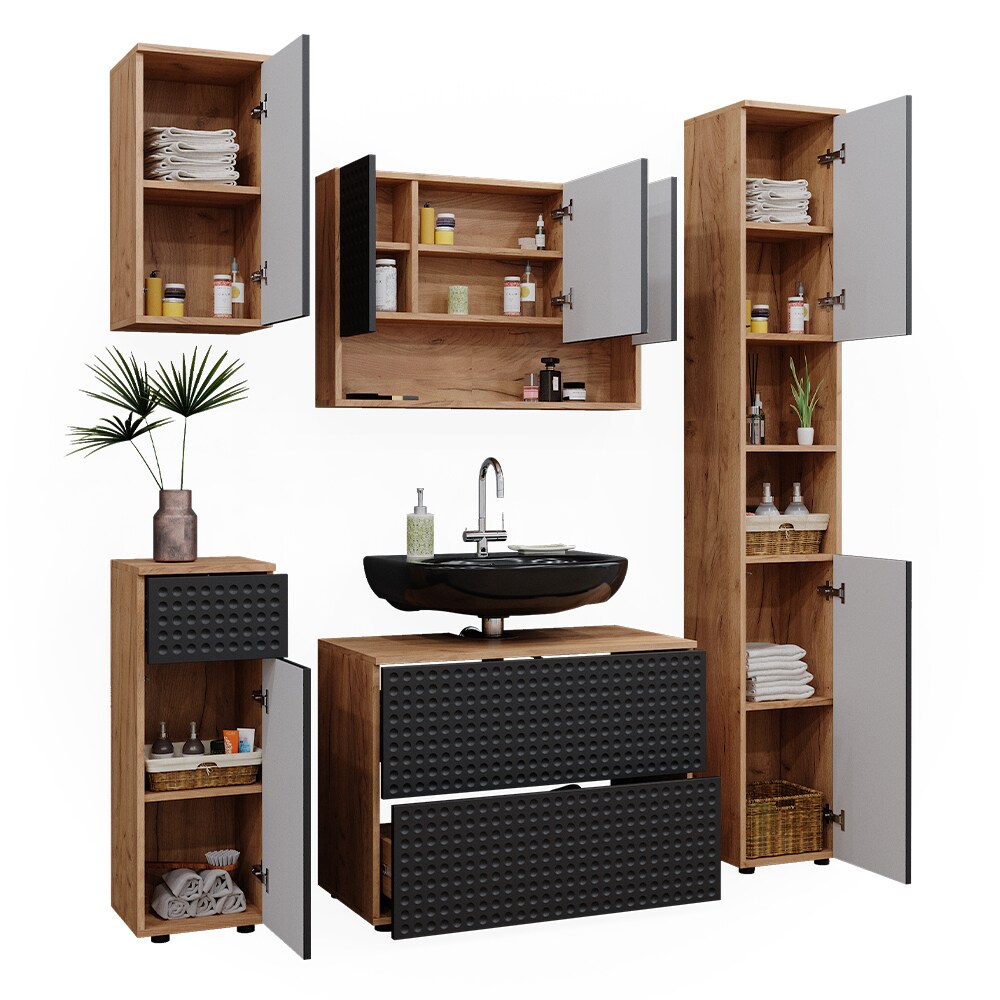 Vicco Badmöbel-Set Irma Eiche Anthrazit 5-teilig Hochschrank Midischrank 81 cm