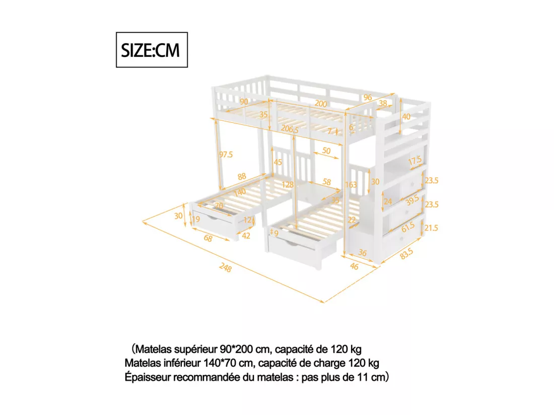 Lit d'enfant en bois massif 90*200 cm, lit superposé avec échelle de sécurité et table de chevet, design rail de sécurité, gris