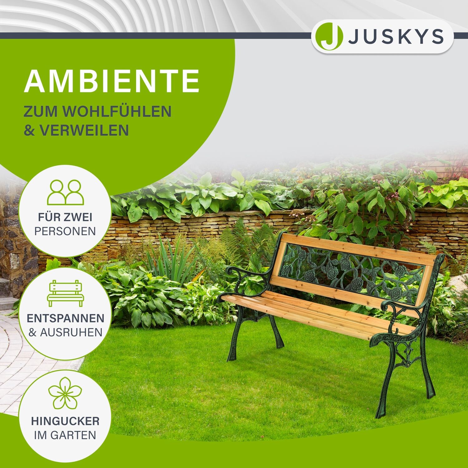 Juskys Gartenbank Venezia – 2-Sitzer Sitzbank mit Armlehnen & Rückenlehne – 122x54x73 cm