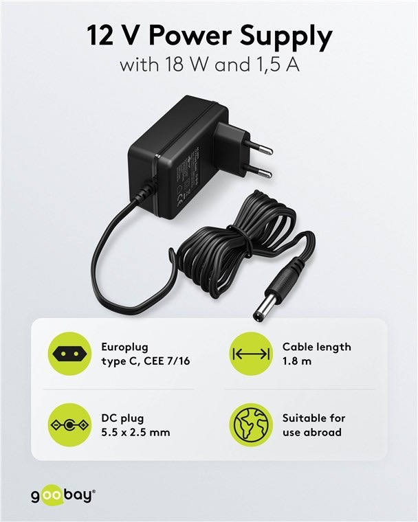 (18W/1.5A) Universal Ladegerät Netzteil AC/DC 12V (64976) - Schwarz